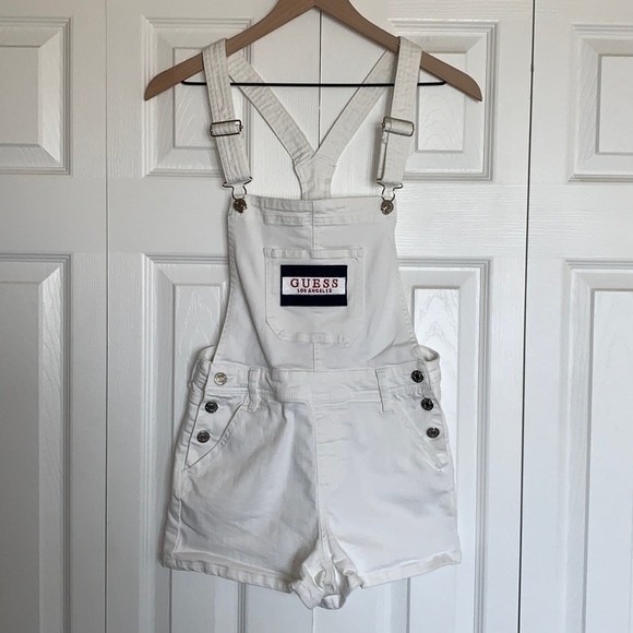 Guess Pants - Guess Ryanne White Denim Logo Patch Short Overalls Shortalls Sz 27